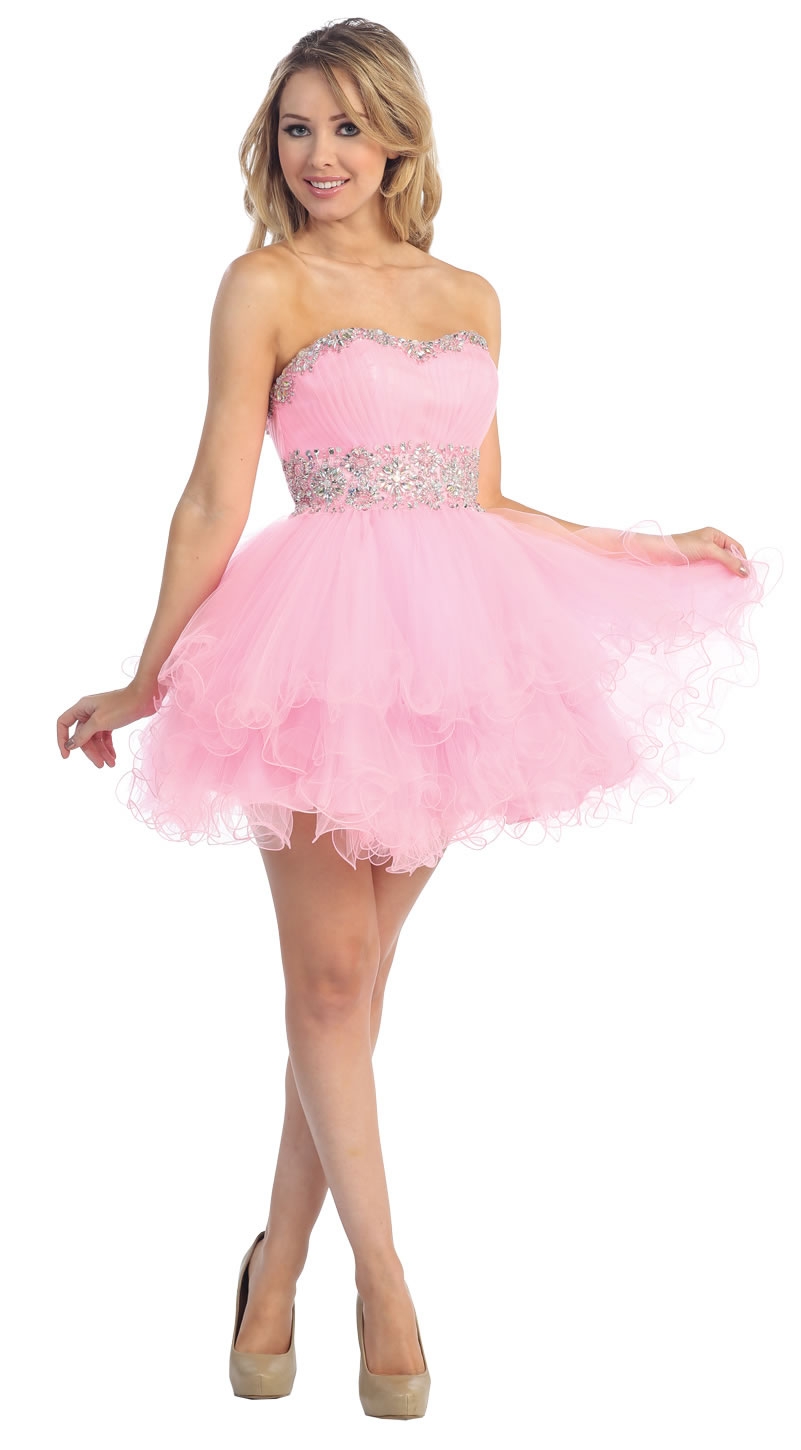 Strapless Beaded Mesh Short Prom Party Dress — in Pink