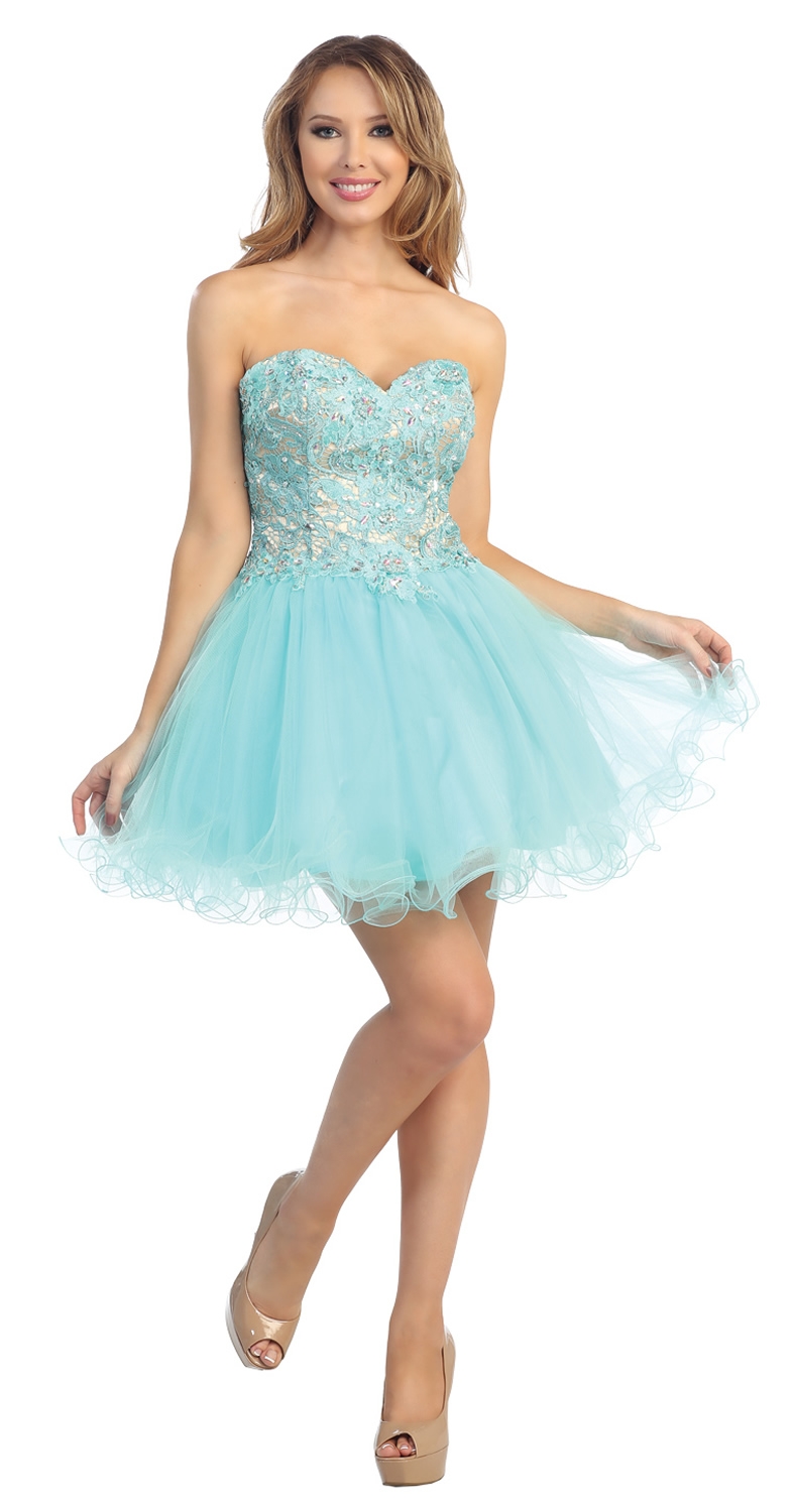 Strapless Floral Lace Bust Tulle Short Party Prom Dress — in Aqua/Nude