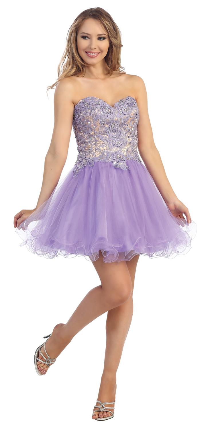 Strapless Floral Lace Bust Tulle Short Party Prom Dress — in Lavender/Nude