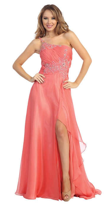 One Shoulder Beaded Bust Floor Length Formal Prom Dress