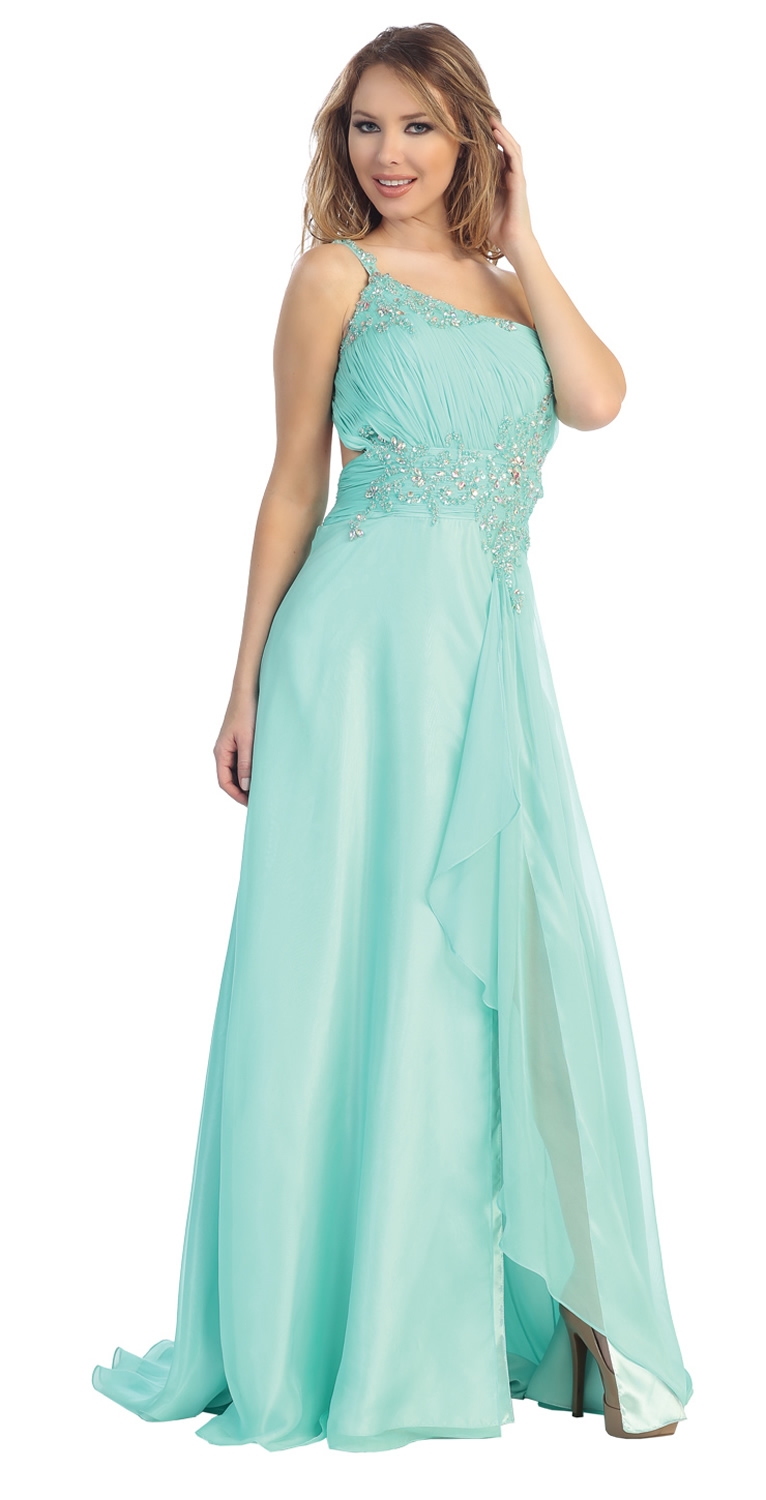 One Shoulder Beaded Bust Floor Length Formal Prom Dress — in Mint