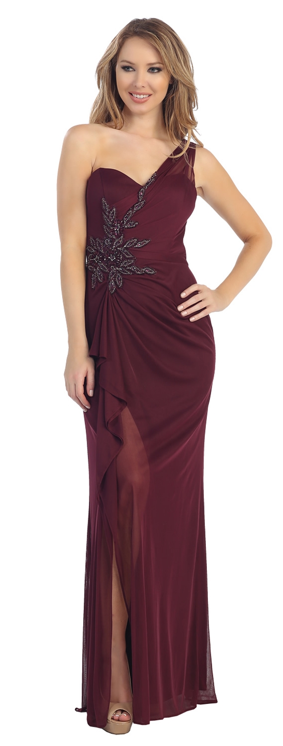 One Shoulder Beaded Flower Long Formal Evening Dress