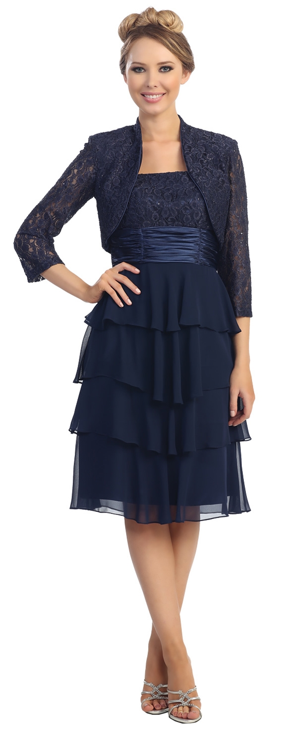 Tiered Skirt Short Formal Party Dress with Lace Jacket — in Navy with Jacket