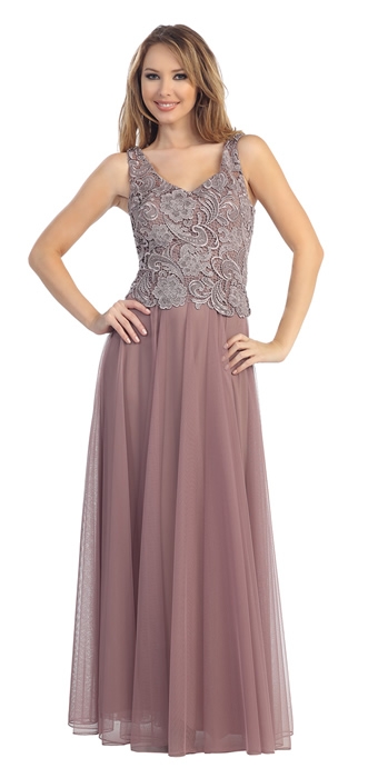 Sleeveless V-Neck Lace Top Long Formal Evening Prom Dress