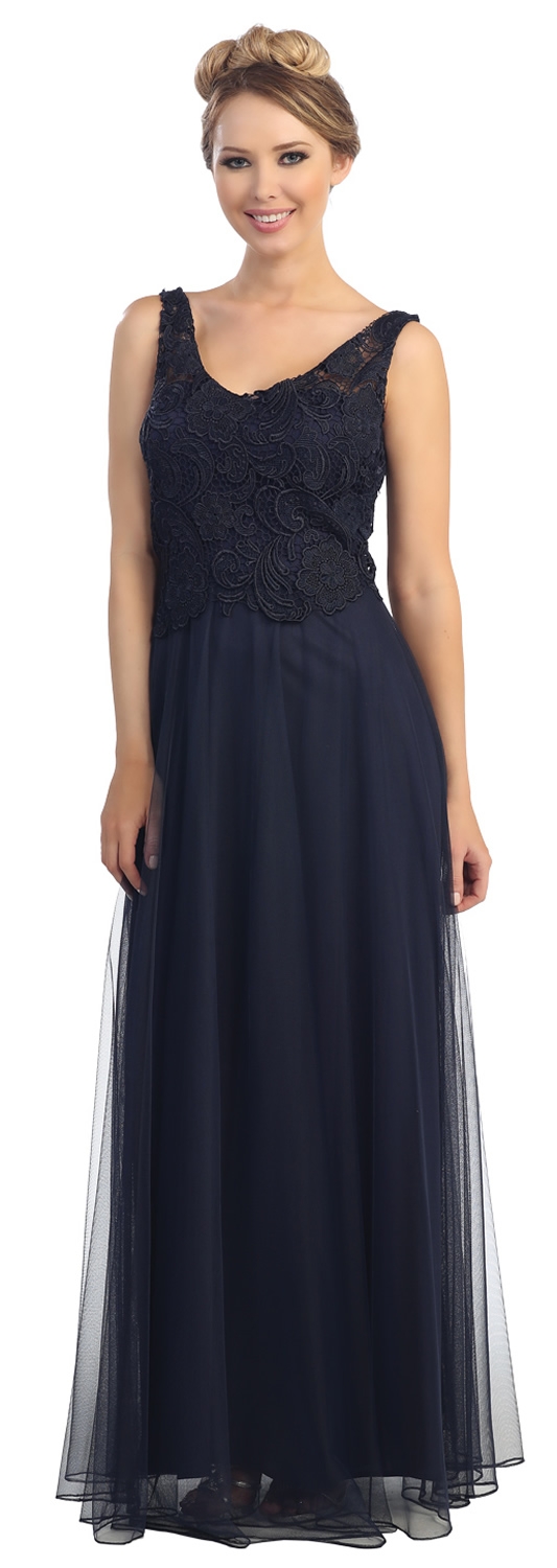 Sleeveless V-Neck Lace Top Long Formal Evening Prom Dress — in Navy
