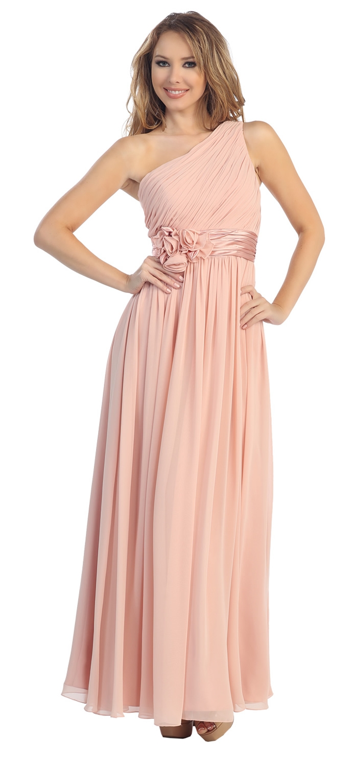 One Shoulder Floral Accent Formal Bridesmaid Dress — in Blush
