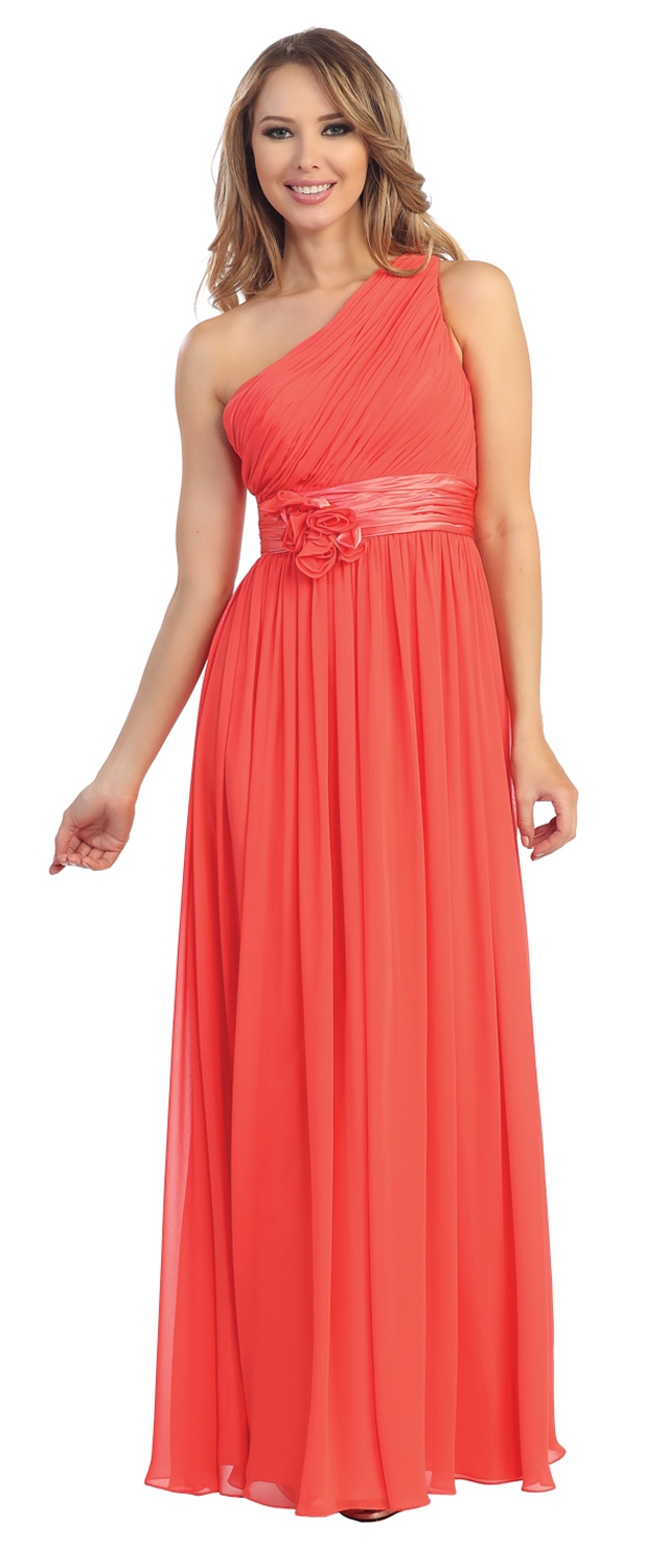 One Shoulder Floral Accent Formal Bridesmaid Dress — in Coral