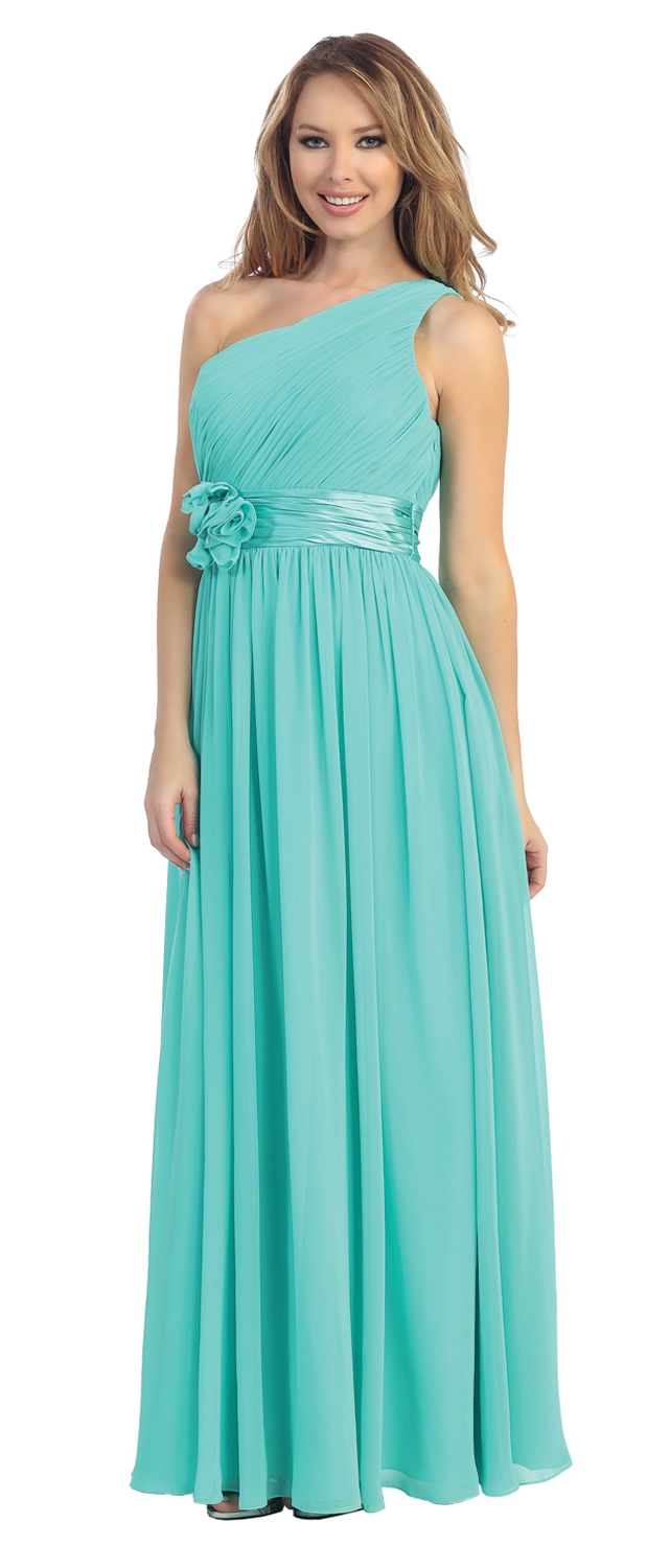 One Shoulder Floral Accent Formal Bridesmaid Dress — in Jade Green