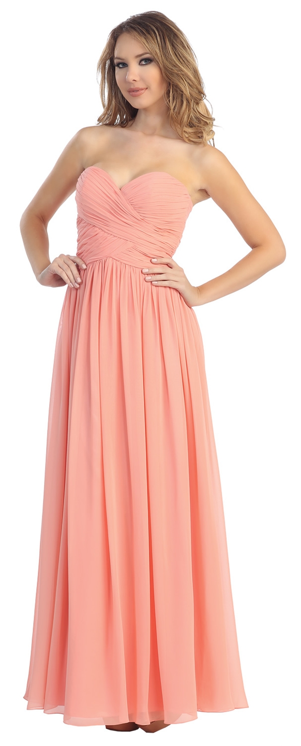 Strapless Ruched Bodice Long Formal Evening Dress — in Peach