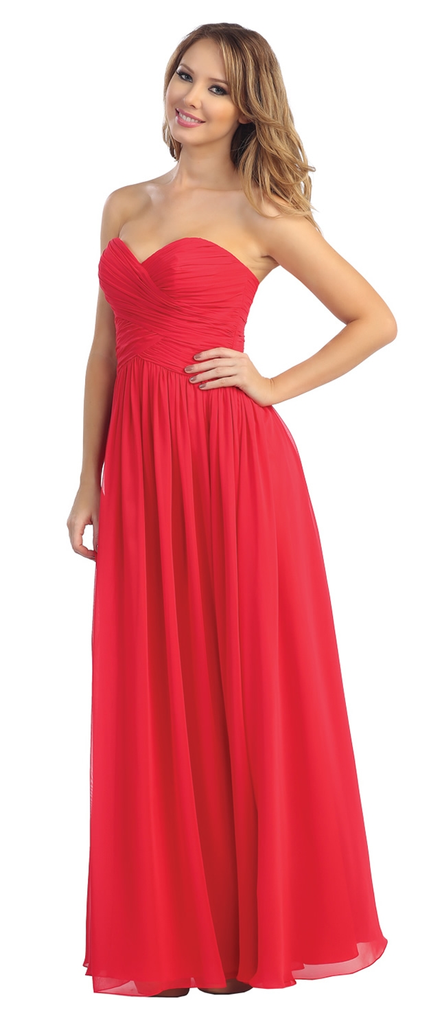 Strapless Ruched Bodice Long Formal Evening Dress — in Ruby