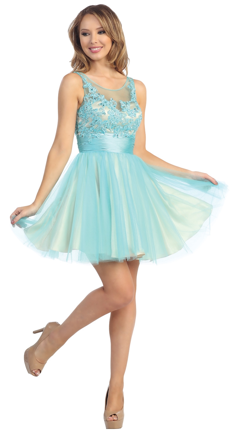 Floral Beaded Bust Tulle Short Formal Prom Dress  — in Turquoise/Nude
