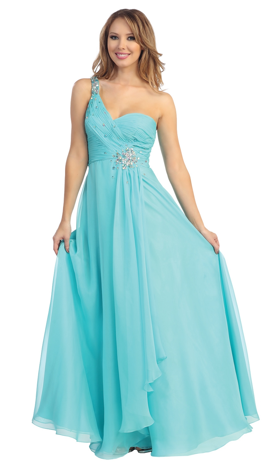 One Shoulder Ruched Sequin Bust Long Formal Prom Dress