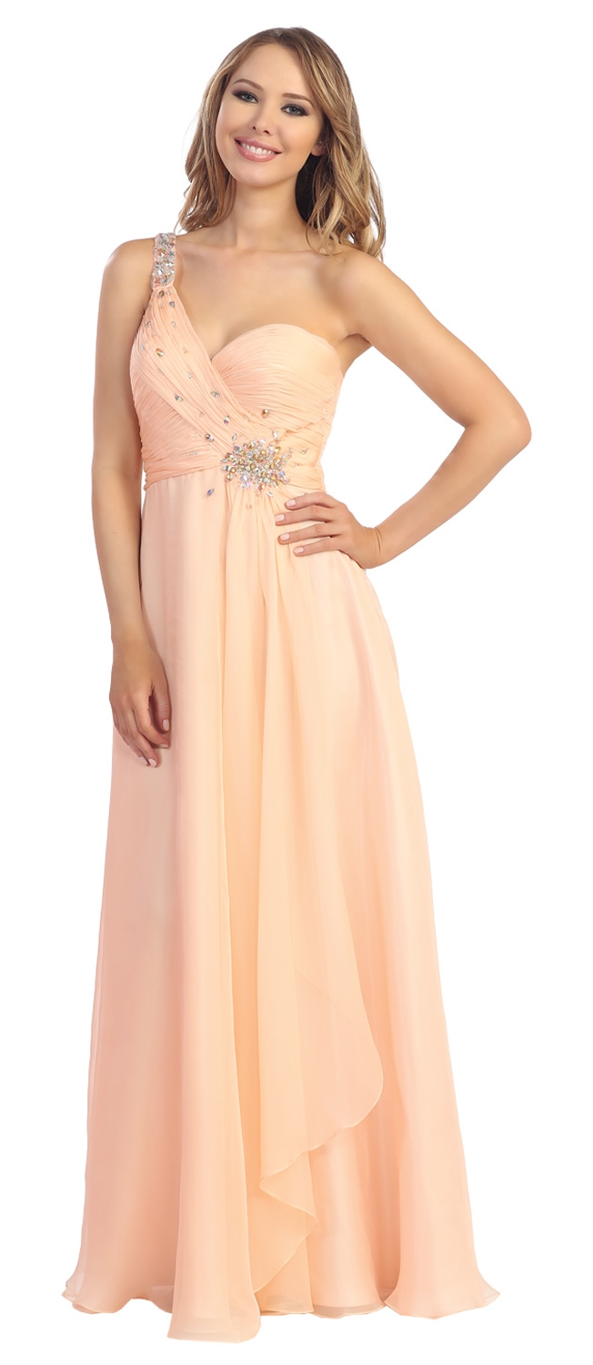 One Shoulder Ruched Sequin Bust Long Formal Prom Dress — in Peach
