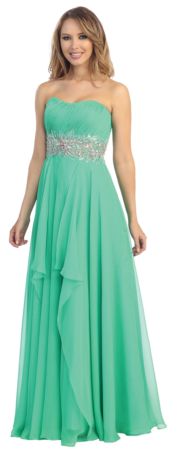 Strapless Floral Beaded Waist Long Formal Prom Dress — in Clover Green