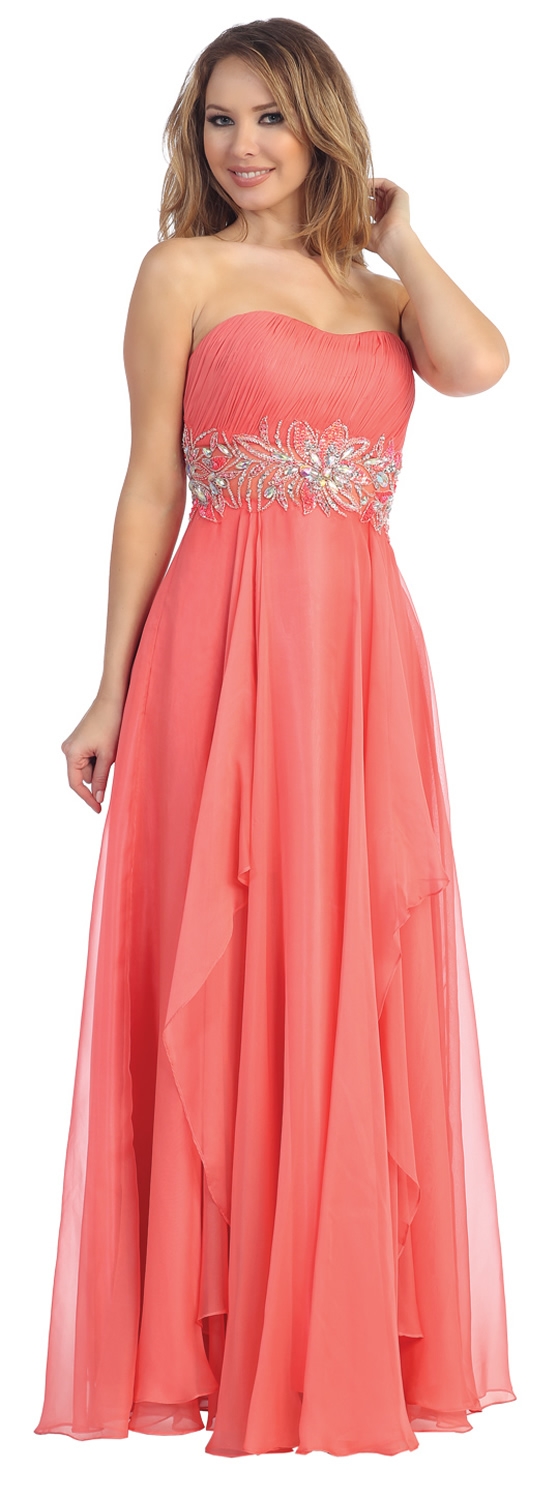 Strapless Floral Beaded Waist Long Formal Prom Dress