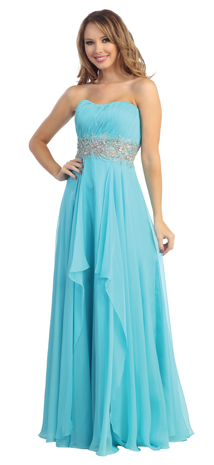 Strapless Floral Beaded Waist Long Formal Prom Dress — in Light Turquoise