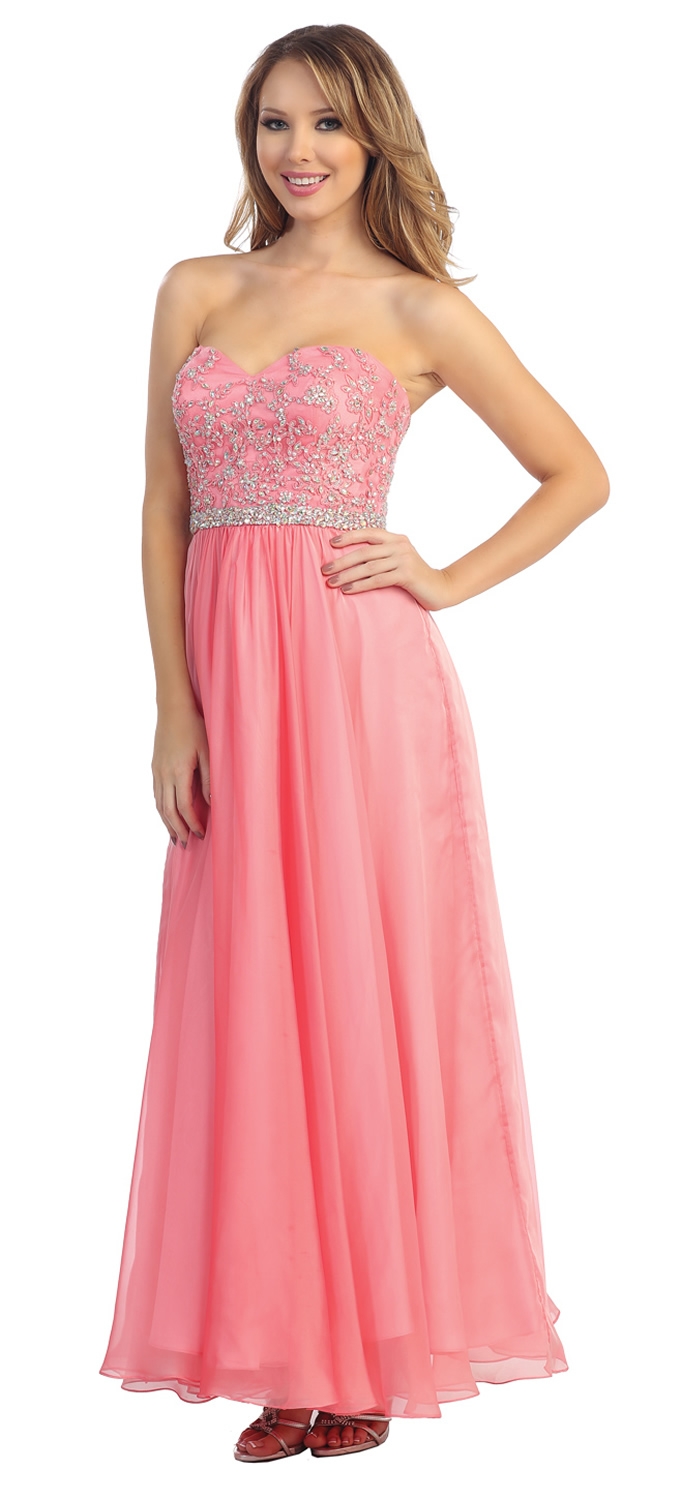 Strapless Floral Sequins Bust Long Formal Prom Dress — in Coral