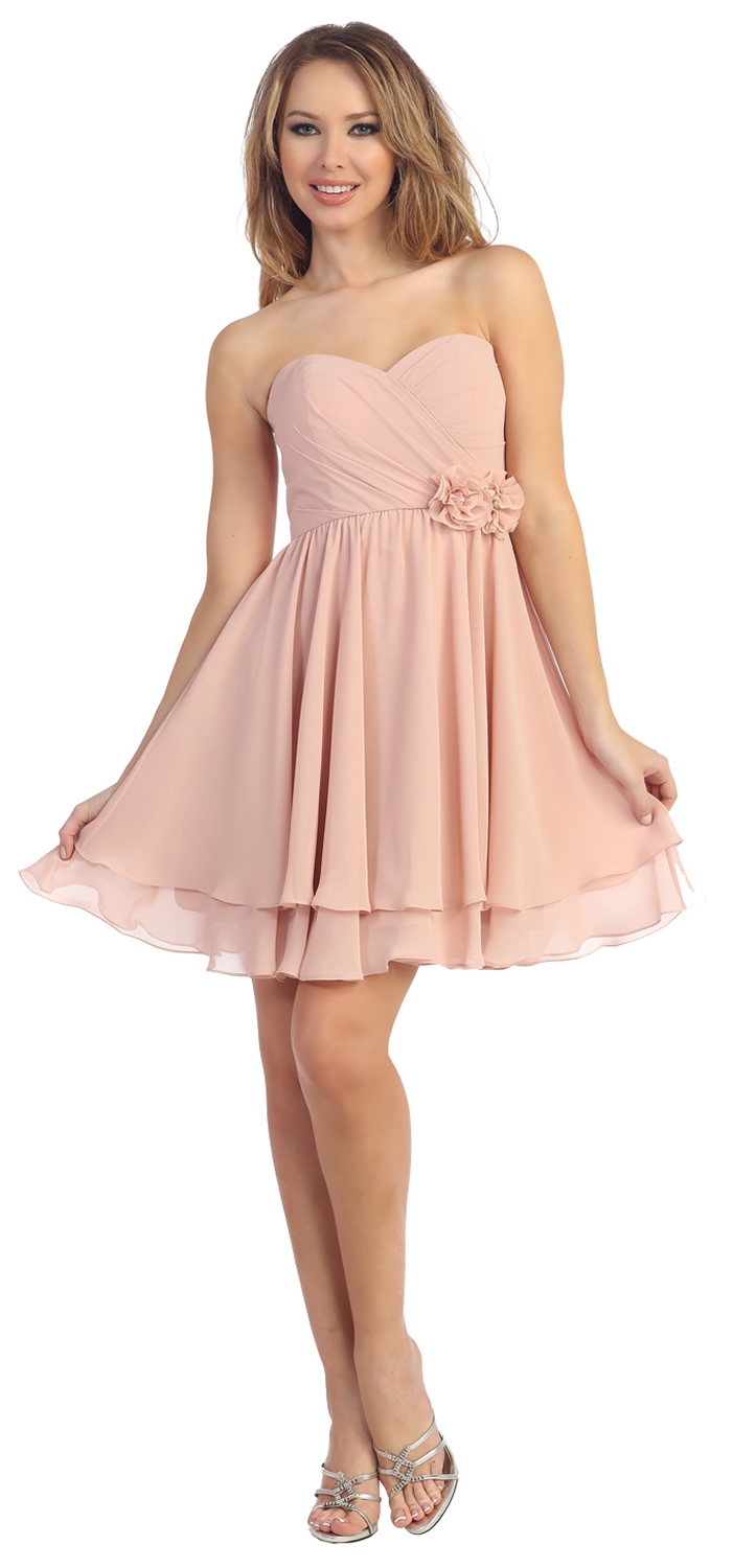 Strapless Overlap Bust Floral Accent Short Party Dress — in Blush