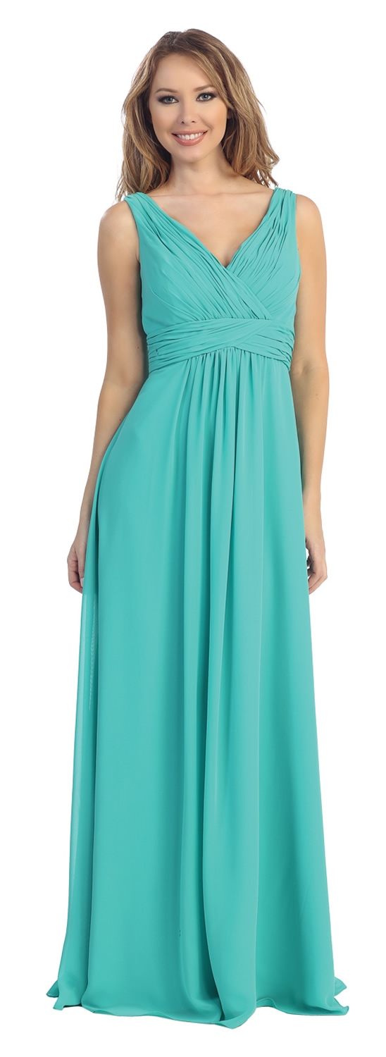 V-Neck Shirred Bust & Waist Long Formal Bridesmaid Dress — in Jade Green