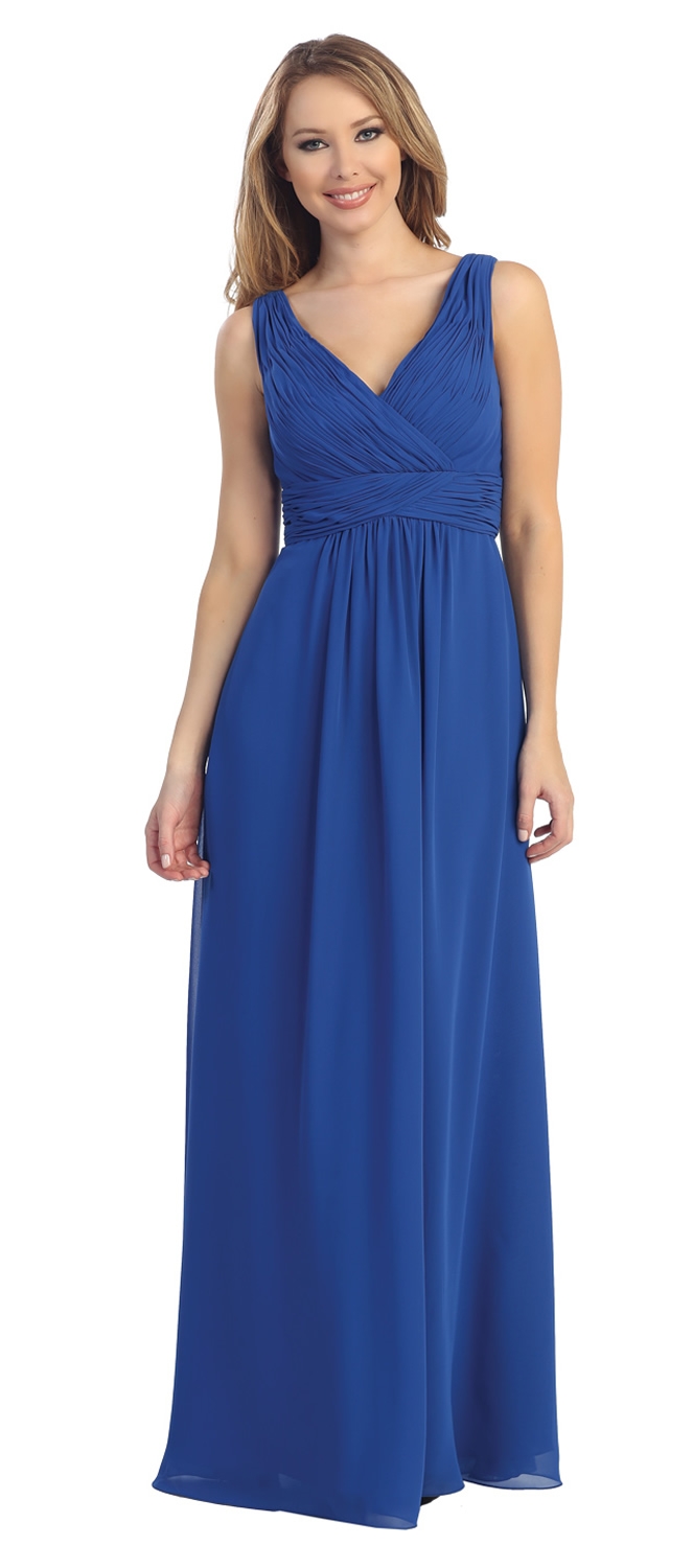V-Neck Shirred Bust & Waist Long Formal Bridesmaid Dress