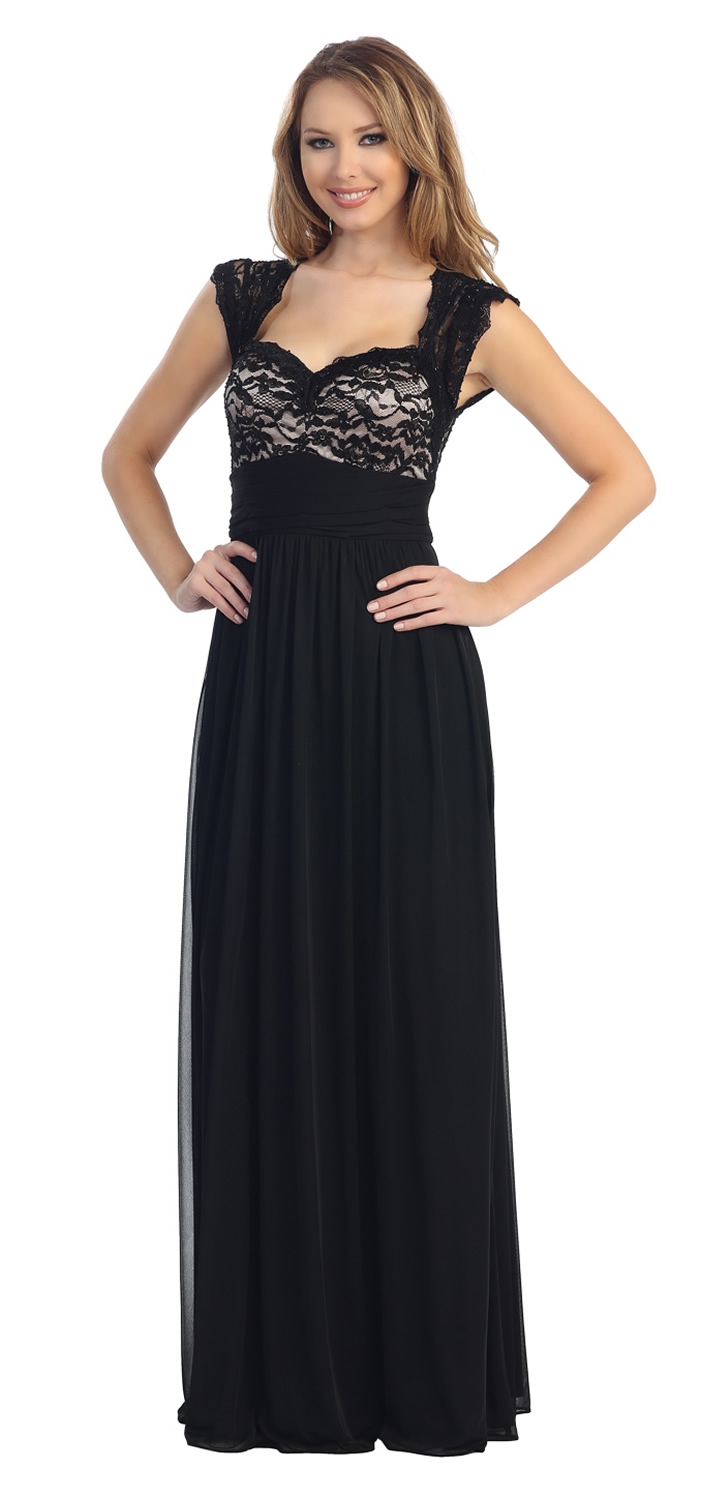 Cap Sleeves Lacey Bust Long Formal Evening Prom Dress — in Black/Nude
