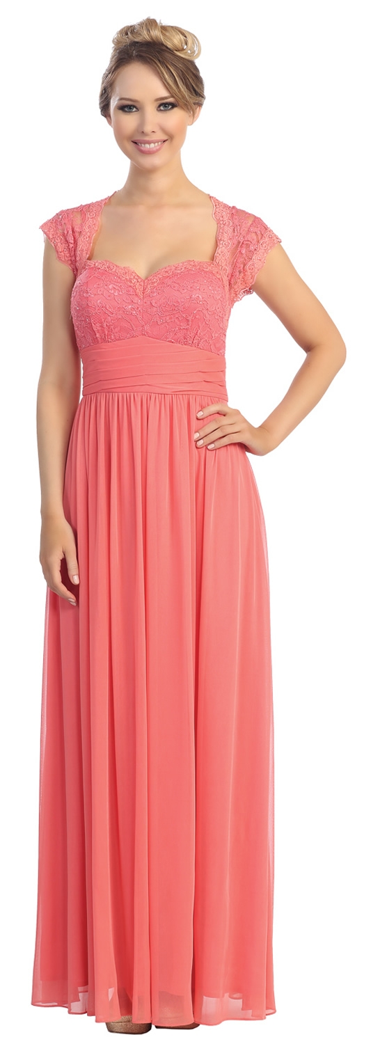 Cap Sleeves Lacey Bust Long Formal Evening Prom Dress — in Coral