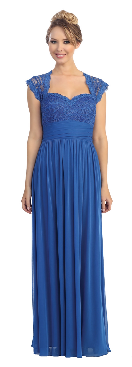 Cap Sleeves Lacey Bust Long Formal Evening Prom Dress