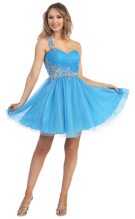 One Shoulder Glittery Mesh Beaded Short Prom Party Dress