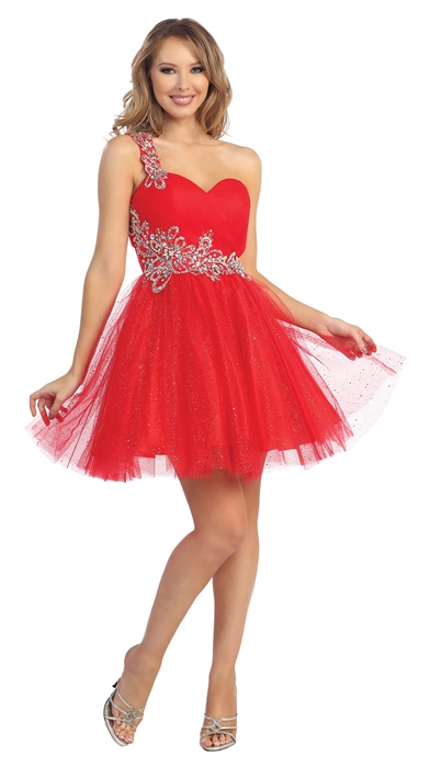 One Shoulder Glittery Mesh Beaded Short Prom Party Dress — in Red