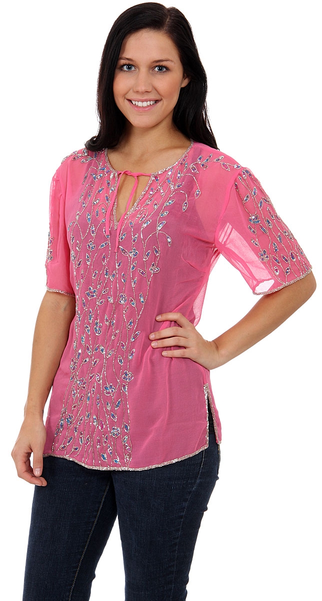 Spreading Floral Vines Hand Beaded Sheer Top