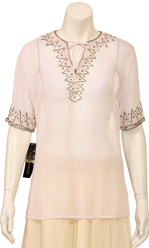 Half Sleeve Sheer Blouse with Zigzag Beading — in White/Silver