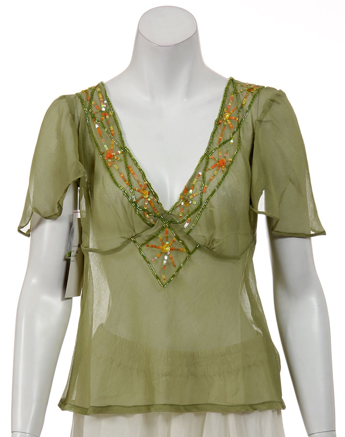 V-neck Short Sheer blouse with Sleeves — in Olive/Orange