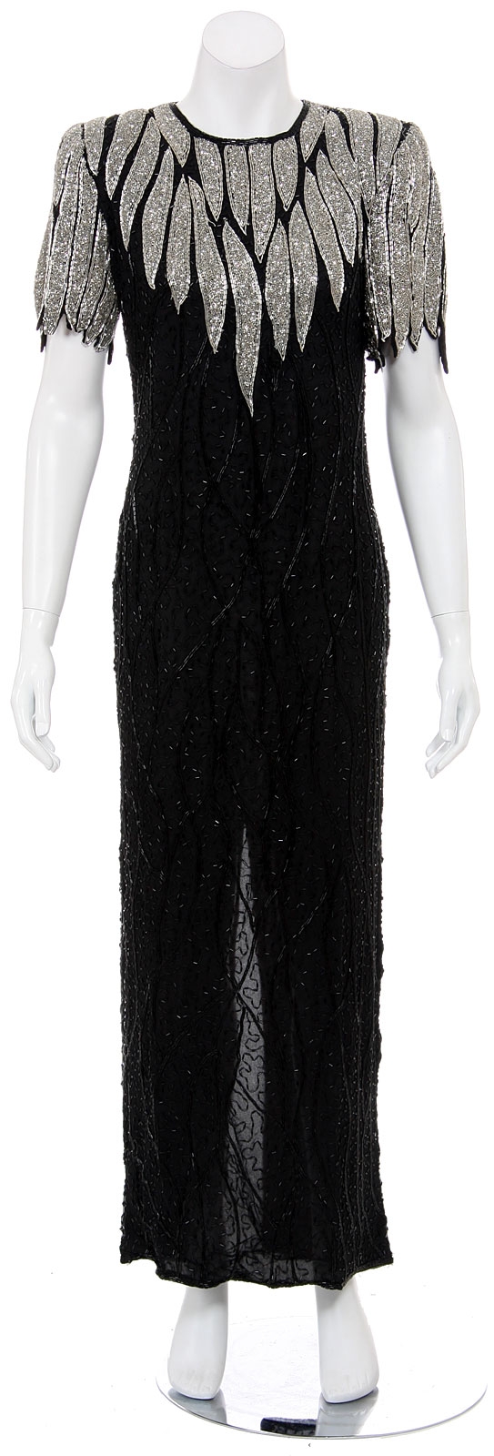 Half Sleeves Round Neck Crystal Leaves Beaded Gown