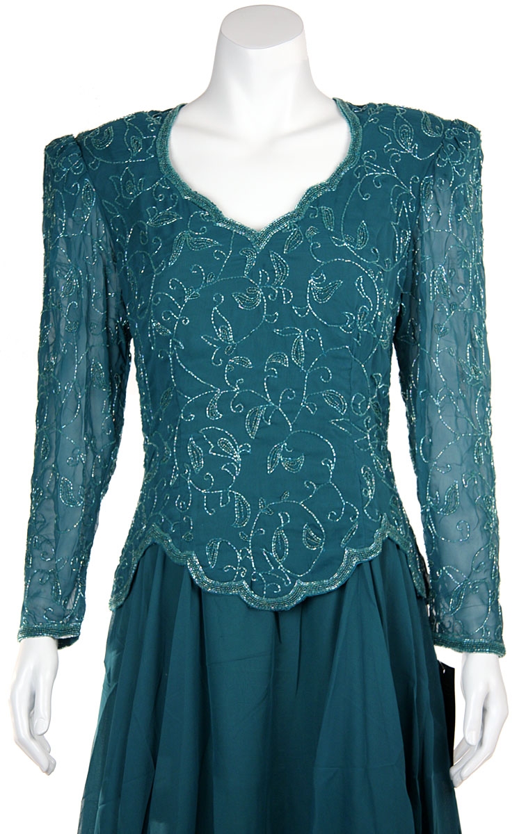 Full Sleeves Formal Evening Gown with Chiffon Skirt — in close-up