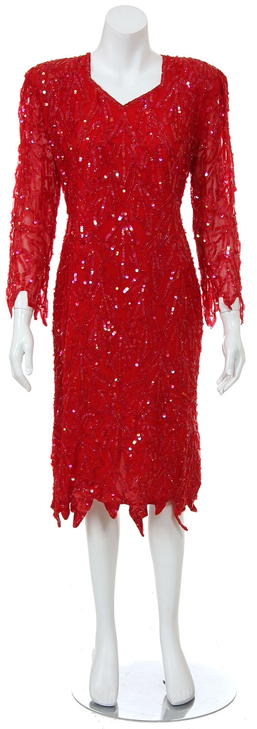 Full Sleeves Knee Length Sequined Formal Dress — in Red