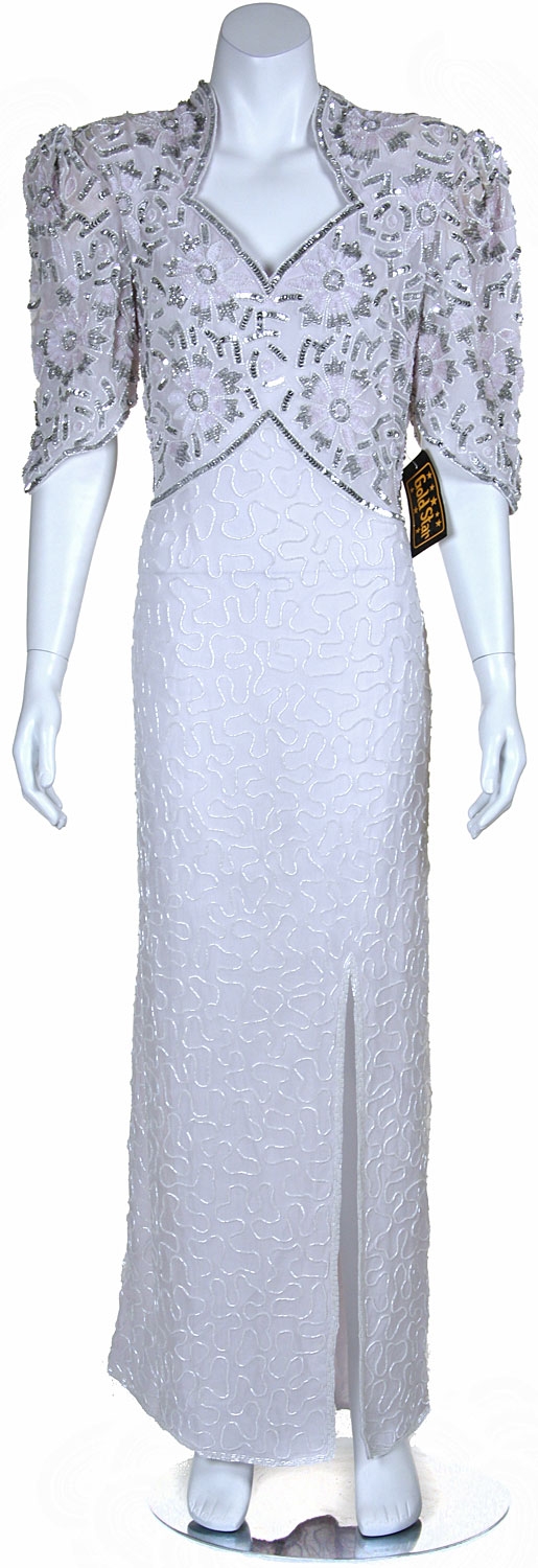 Full Length High Waistline Beaded Dress — in White/Silver