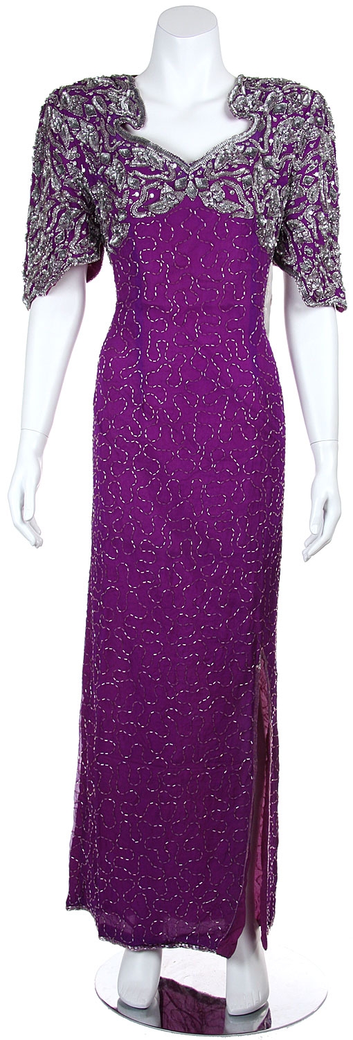 Sweetheart Neck Long Formal Beaded Gown with Keyhole Back — in Purple/Silver
