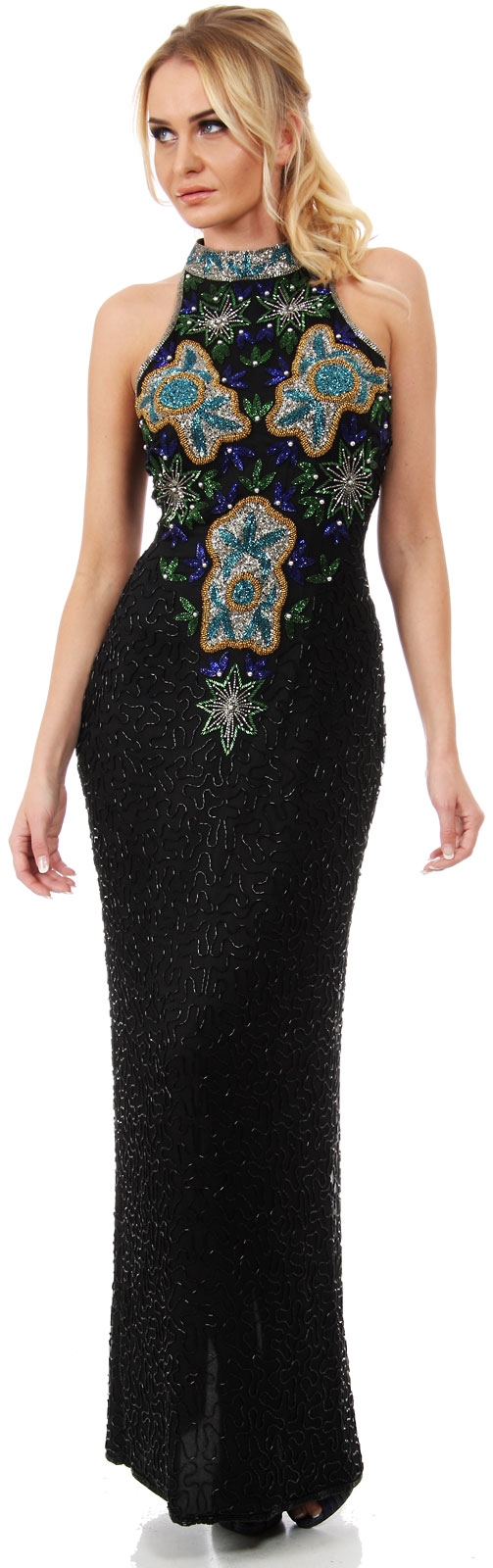 Turtle Neck Artistic Floral Bodice Long Beaded Formal Dress