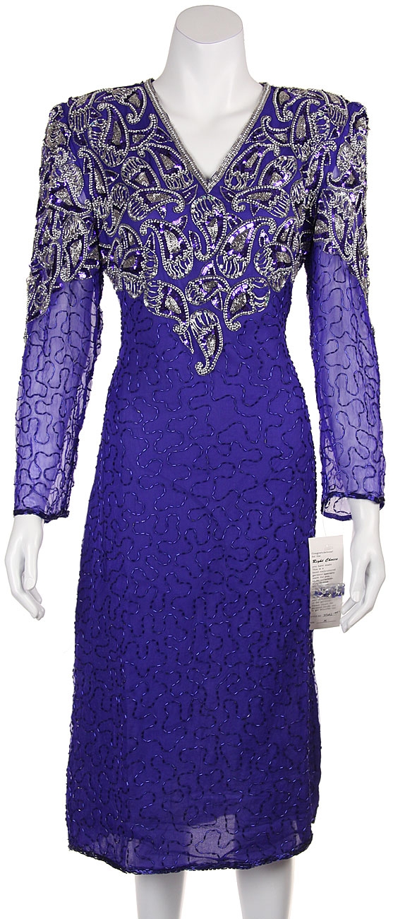 V-neck Paisley Beaded Tea Length Dress