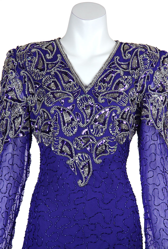 V-neck Paisley Beaded Tea Length Dress — in closeup