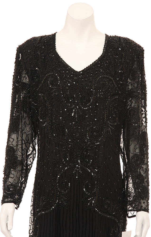 Fully Beaded Long Sleeve Evening Gown — in closeup