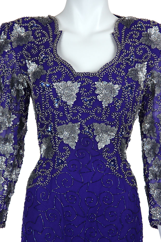Floral Beaded Full Length Sequined Formal Gown  — in closeup