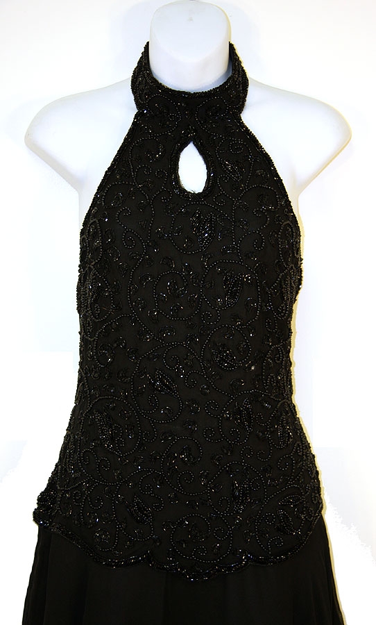 Halter Neck Sequined Dress with Handkerchief Skirt — in close up