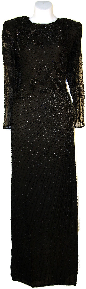 Full Sleeves Beaded Full Length Formal Sequined Gown — in Black