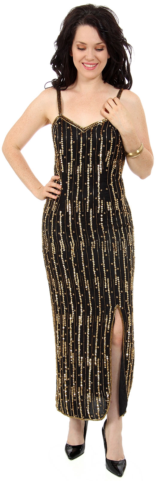 Spaghetti Straps V-Neck Long Sequined Formal Dress — in Black/Gold