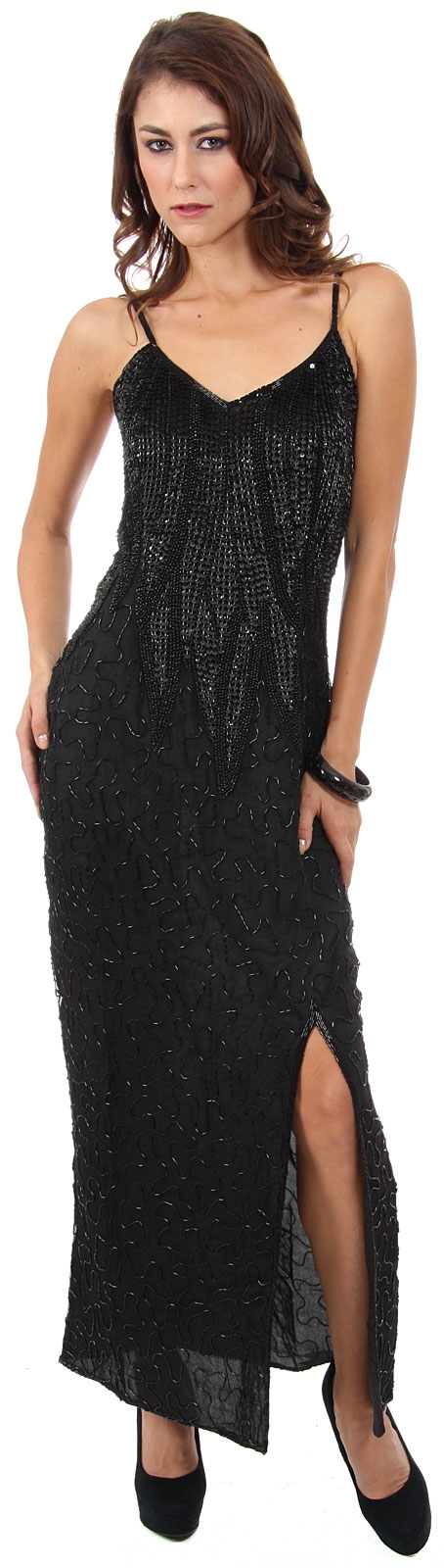 Spaghetti Straps Leafy Sequined Pattern Long Formal Dress 