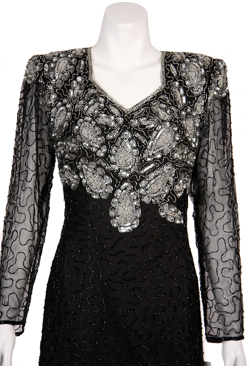 Tea Length Sequin Beaded Cocktail Dress — in close-up