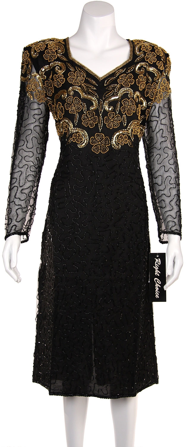 Tea Length Sequin Beaded Cocktail Dress — in Black/Gold