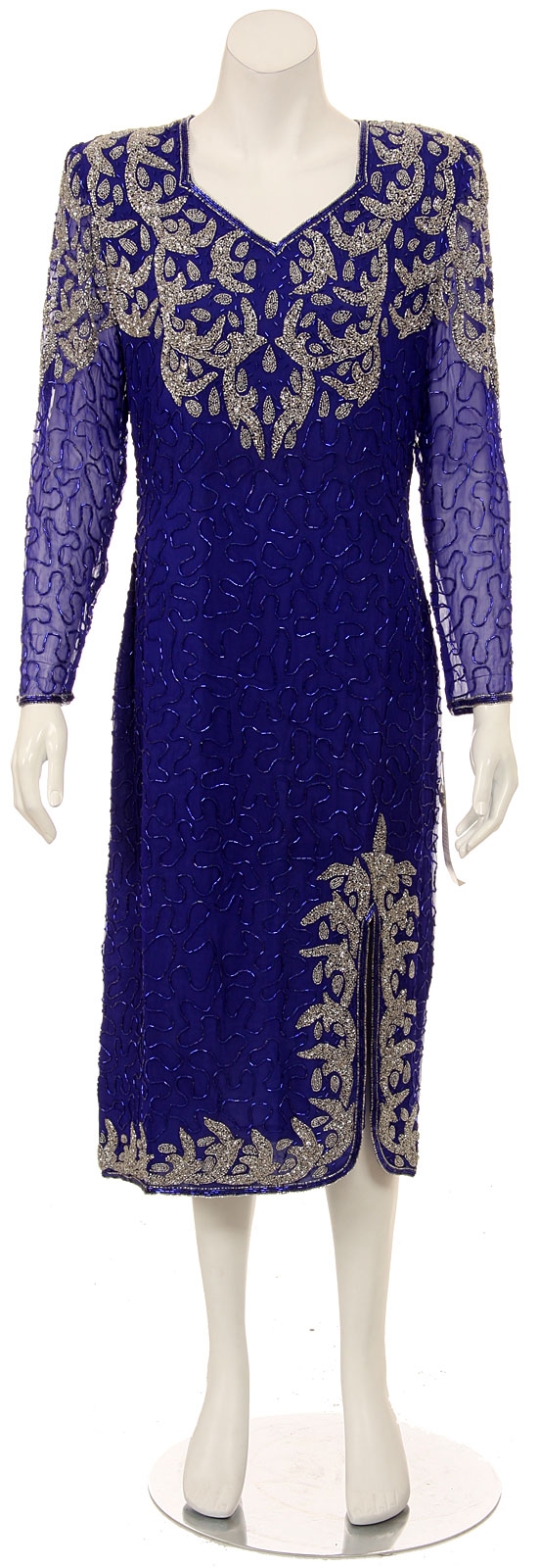 Tea Length Long Sleeves Petal Beaded Formal Dress — in Royal Blue/Silver
