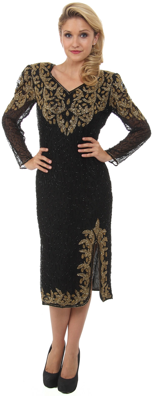 Tea Length Long Sleeves Petal Beaded Formal Dress
